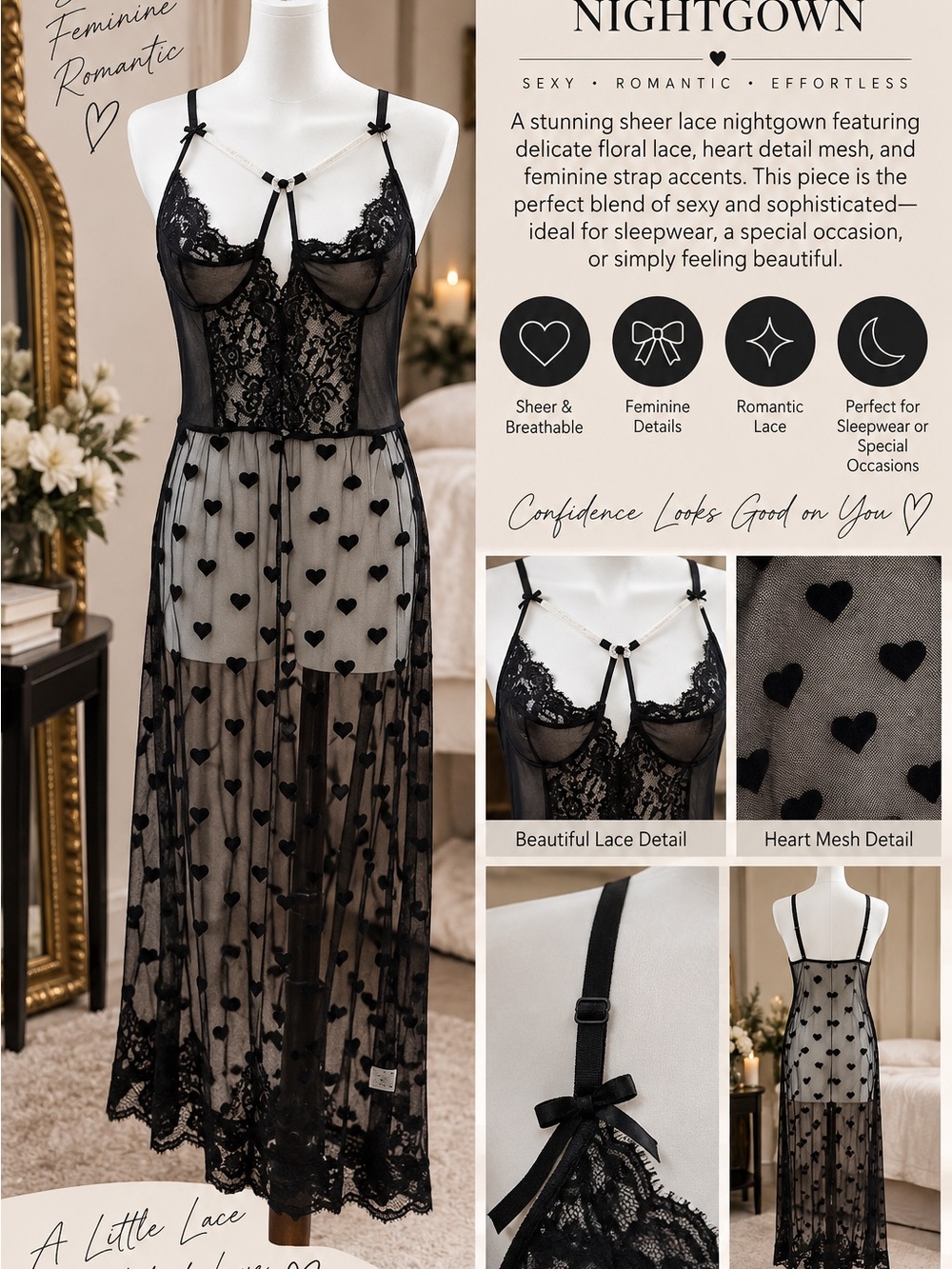 Sheer Lace Heart Mesh Nightgown - Black